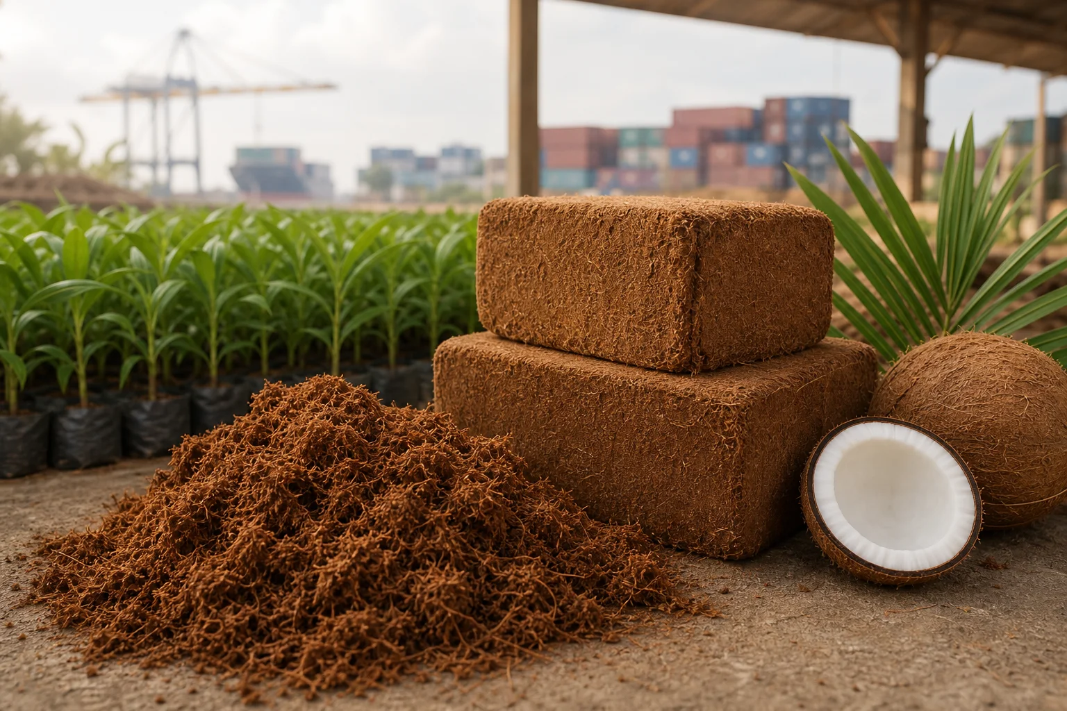 Compressed cocopeat blocks and loose coir in a tropical export setting
