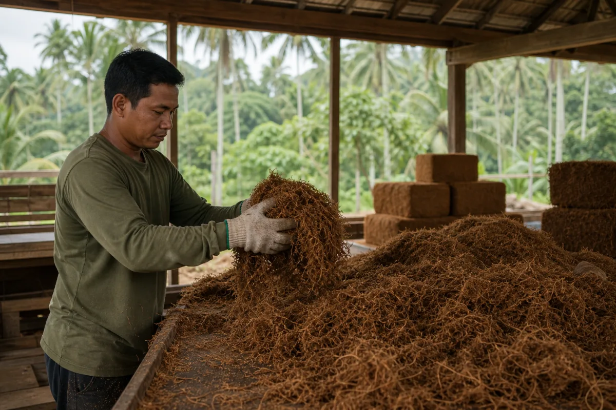 A worker inspecting and sorting coconut coir material