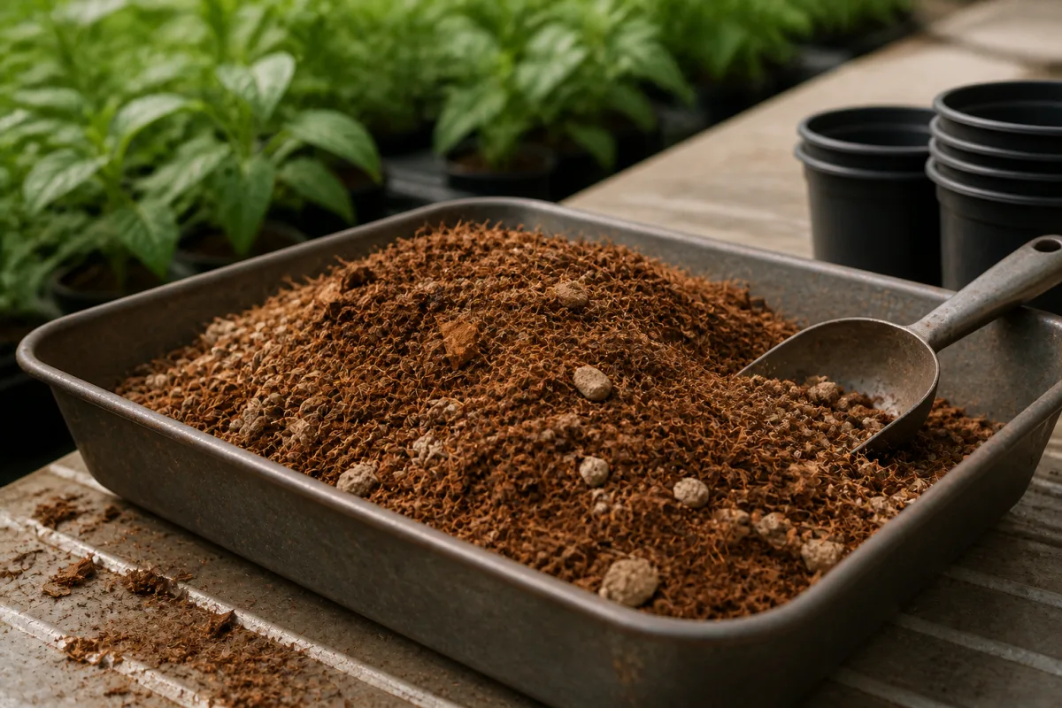 Coco coir substrate blend prepared in a horticultural mixing tray